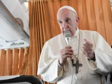 Pope Francis speaks during an in-flight press conference from Slovakia, Sept. 15, 2021